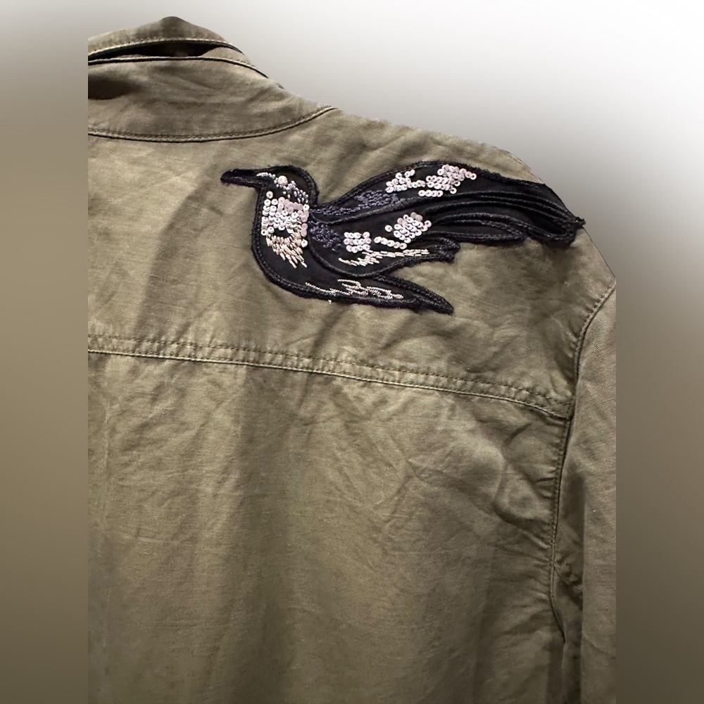 CAbi utility jacket moss/army green linen blend sequin bird/star patches Size M - Picture 8 of 12